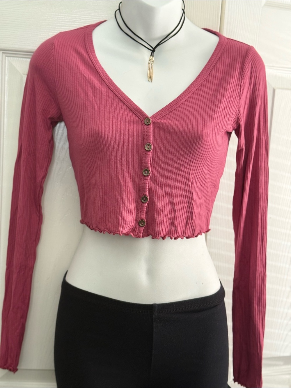 Popular 21 Long-Sleeve Ribbed Button Crop Top - Rose Pink Size S